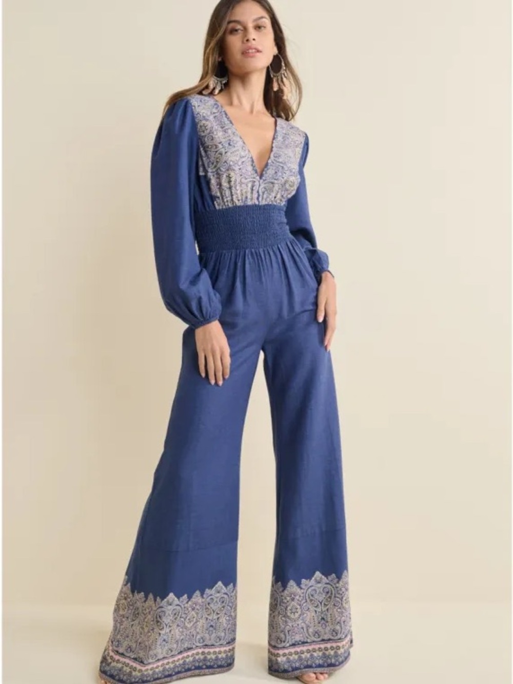VENUS Indigo V-Neck Smocked Waist Wide Leg Jumpsuit